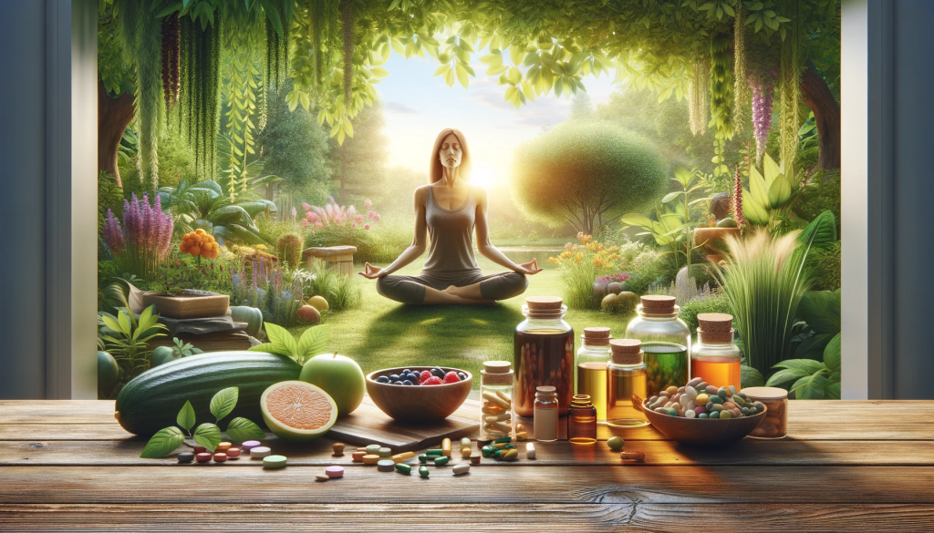 A realistic depiction of a serene and vibrant wellness setting. Foreground_ a wooden table with a variety of natural supplements, herbal teas,